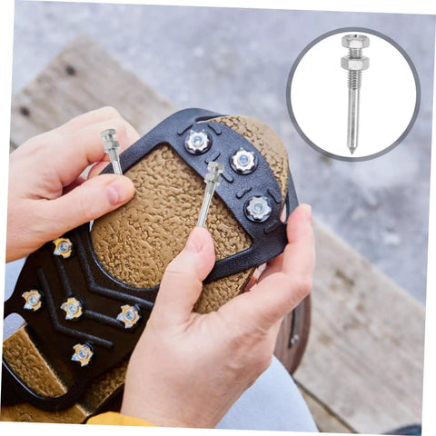 Person fixing metal peg on Pro Grade Lawn Aerator Shoes Spikes Kit for Grass Aeration, showing replaceable nails, focus on durability.