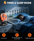 20,000mAh Camping Fan With 70-Hour Runtime showing timer settings beside a sleeping child