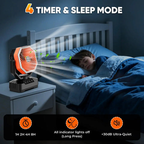 20,000mAh Camping Fan With 70-Hour Runtime showing timer settings beside a sleeping child