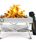 Go Anywhere Portable Fire Pit For Camping And Backyard Grilling Lightweight 8 lb Pop Up Fire Pit Opens In Seconds Durable Outdoor Fire Pit With Heat Shield 24 Inch Square Bonfire Ready shown with flames and carry bag