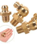 Top Tier 9 Piece Copper Grease Fitting Kit With M8 Threaded Nipples For Cars And Excavators Featuring Easy Installation Golden Color Hydraulic Assortment That Fits Like A Glove. 9-piece brass M8 grease nipple fittings, close-up and palm-sized