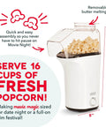 Fast 3 Minute Oil Free Hot Air Popcorn Maker 16 Cup Capacity Electric Popper Machine in white with butter tray.