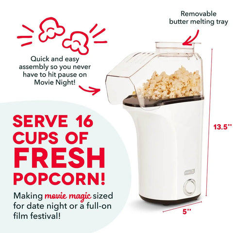 Fast 3 Minute Oil Free Hot Air Popcorn Maker 16 Cup Capacity Electric Popper Machine in white with butter tray.