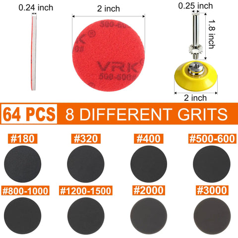 64 Piece 2 Inch Sanding Disc Pad Kit With Hook And Loop Backing, Grit Range 180 To 3000, Sponge Sandpaper For Wet Dry Sanding