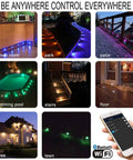 Low Voltage LED Deck Lights 30 Pack RGBW Smart WiFi Recessed Step Lights For Under Deck And Walkway IP67 Waterproof Outdoor Lighting Kit No Hub Needed Voice Control With Alexa And Google Assistant in various settings like kitchen, park, patio shown in image.