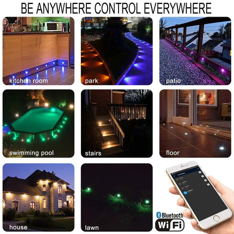 Low Voltage LED Deck Lights 30 Pack RGBW Smart WiFi Recessed Step Lights For Under Deck And Walkway IP67 Waterproof Outdoor Lighting Kit No Hub Needed Voice Control With Alexa And Google Assistant in various settings like kitchen, park, patio shown in image.