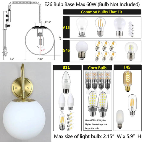 Gold Plug In Wall Sconce With Milk Glass Shade Globe Lighting Brass Swing Arm Wall Light Fixture dimensions and bulb options