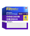 Image of 4 Pack 12x12x1 MERV 12 Air Filters With MPR 1500 For Allergens Bacteria And Viruses, showing front packaging and filter design.