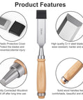 Badass Bevel Edge Wood Chisel Set For Real Deal Workshops With Precision Ground Steel Blades In Four Classic Sizes, showing 24mm chisel with protective cover.