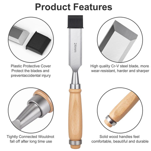 Badass Bevel Edge Wood Chisel Set For Real Deal Workshops With Precision Ground Steel Blades In Four Classic Sizes, showing 24mm chisel with protective cover.