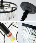 Close-up details of 2-Tier Black Modern Crystal Chandelier With 6 Lights, 21.6 Inch Diameter Round Flush Mount Ceiling Fixture