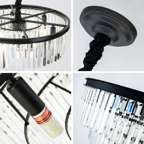 Close-up details of 2-Tier Black Modern Crystal Chandelier With 6 Lights, 21.6 Inch Diameter Round Flush Mount Ceiling Fixture