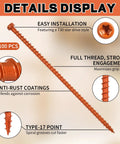Six Inch Truss Screws Pack Of 100 For Truss Rafter To Plate And Stud To Plate Connections With Clear Zinc Orange Topcoat Type 17 Point, detailed view