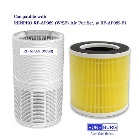 2 Pack Replacement Filter For RP-AP089 Air Purifiers, 3-Stage H13 HEPA With Activated Carbon, white and yellow cylindrical filters