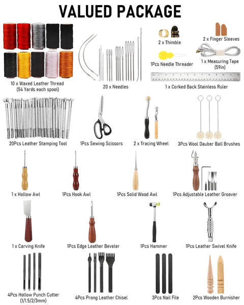 85 Piece Leather Tooling Kit With Custom Storage Bag For Leather Crafting Stamping Carving Cutting And Punching Tools Set For Beginners And Pros Durable PU Leather Case Portable Organization displayed with all components and accessories arranged.