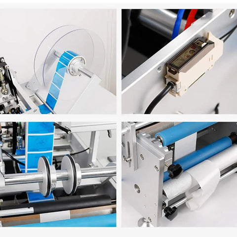 Killer Automatic Round Bottle Labeling Machine For Smooth Packaging Of 10 To 150Mm Containers with blue label roll and applicator.