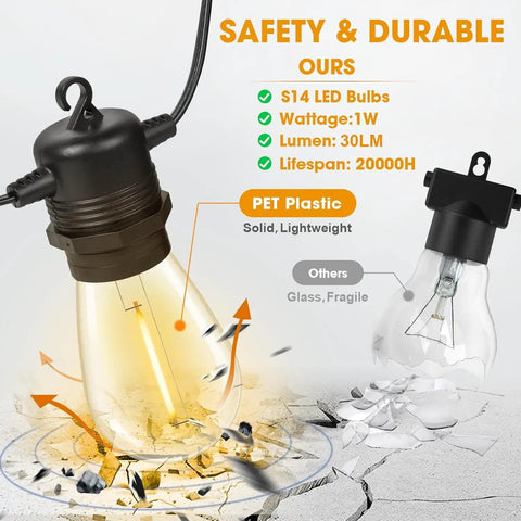 Comparison of shatterproof S14 LED bulb and broken glass bulb for 50Ft LED Outdoor String Lights With 16 Shatterproof S14 Replaceable Bulbs 2700K Warm White For That Cozy Vibe Weatherproof Commercial Grade Patio Lighting For Yard Garden Porch Deck And Outdoor Decor Includes One Spare Bulb.