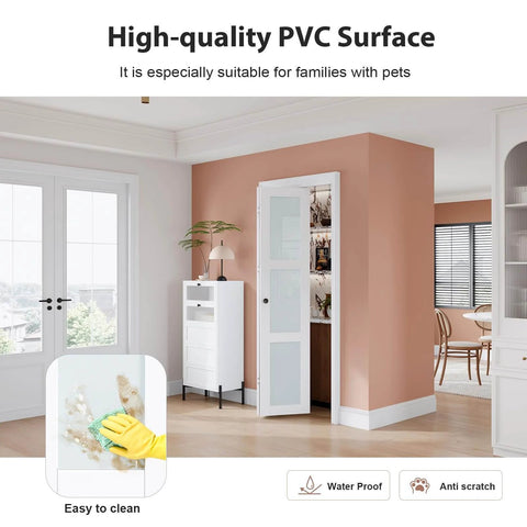 Bi Fold Doors For 30 By 80 Opening With Tempered Frosted Glass Closet Barn Door Concealed Hardware Kit MDF Wood Panel And Water Resistant PVC Surface No Fuss Easy Install Space Saving Interior Door installed in living room.