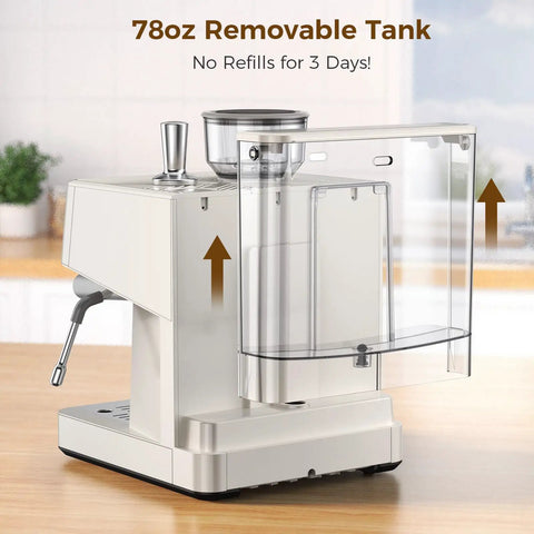 Side view of 20 Bar Espresso Machine With Built-In Anti-Clog Grinder, Milk Frother And Tamping Tools For Latte Art, showing removable water tank.