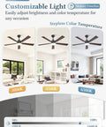 52 Inch Black Smart Ceiling Fan With Dimmable 3000K To 6000K LED Light Remote And App Control showing color temperature settings