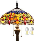 Tiffany Dragonfly Stained Glass Floor Lamp, Blue And Yellow Glass Panels, intricate dragonfly design, 16-inch shade close-up view.