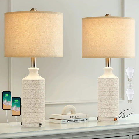 24 Inch Rustic Modern Ceramic Table Lamp Set Of 2 For Living Room And Bedroom White And Grey Finish Farmhouse Nightstand End Table Decor Lamps Cozy Desk Lighting For Bedside Workspace And Kids Room