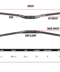 Speedrun Junior Mountain Bike Handlebar With Bar Clamp 31.8mm, 680mm Width, AL6061 Aluminum Black, showing rise and sweep angles