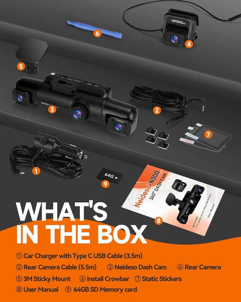 360 Degree Dash Cam Front And Rear Inside Car Camera With 4 Channel FHD 1080P And 2K Plus 1080P Rear WiFi GPS Voice Control Night Vision 24 Hour Parking Mode And 64GB SD Card Included box contents layout with accessories