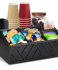 Coffee Station Organizer For Counter With Wood Pod Holder And Tea Condiment Storage Basket, Rustic Bar Decor, holding coffee pods and cups