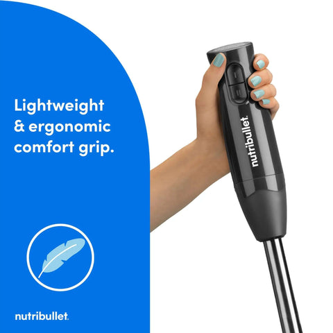 Heavy Duty Yet Slick Handheld Immersion Blender With Rugged Stainless Shaft And Versatile Whisk Hook For Pureeing Soups Whipping Cream And Mixing Batter Like A Pro Without Breaking A Sweat, showcasing ergonomic comfort grip.