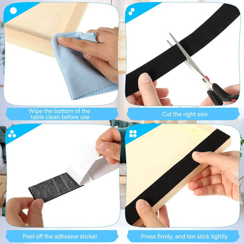 Self Stick Felt Strips With Adhesive Backing Four Rolls For Furniture Protection And DIY Projects Durable 1 Inch Wide By 120 Inch Long Each Black Heavy Duty Polyester being applied, cut, and adhered to furniture.