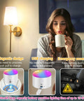 Battery Operated Wall Sconces Set Of 2 With Rechargeable Magnetic Bulbs, RGB Dimmable Wireless Bedroom Lights Up To 50 Hours Runtime, sleek brass wall sconce with warm glow, USB charging feature.