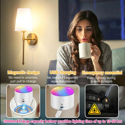 Battery Operated Wall Sconces Set Of 2 With Rechargeable Magnetic Bulbs, RGB Dimmable Wireless Bedroom Lights Up To 50 Hours Runtime, sleek brass wall sconce with warm glow, USB charging feature.