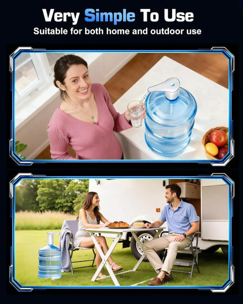 Rechargeable 5 Gallon Water Dispenser Pump With USB-C Fast Flow Electric Jug Pump Portable Submersible For Camping And Home Quiet Operation White No Hassle Setup And Easy Hands Free Water Access shown indoors and outdoors