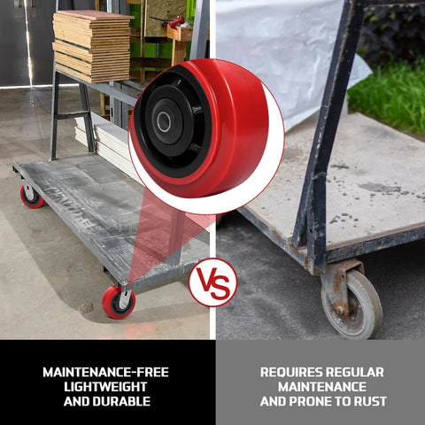 Comparison of trolleys with 8 Inch Industrial Caster Wheels Set Of 4 With Polyurethane Tread vs. regular wheels.
