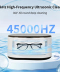 Heavy Duty Portable Ultrasonic Jewelry And Eyeglasses Cleaner Featuring A Slick Stainless Steel Tank For Legit Deep Sonic Washing And Quick Shine Restoration Without Any Fuss At Home with eyeglasses inside, 22 oz size.