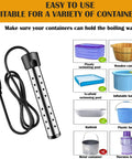 Immersion Water Heater 1500W With 304 Stainless Steel Cover Smart Temperature Control And Digital LCD Thermometer Portable Bucket Heater For 5 Gallons Heat Up Fast UL listed safe durable next to various container types.