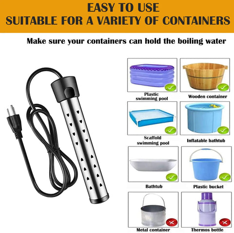 Immersion Water Heater 1500W With 304 Stainless Steel Cover Smart Temperature Control And Digital LCD Thermometer Portable Bucket Heater For 5 Gallons Heat Up Fast UL listed safe durable next to various container types.