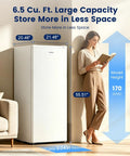 Slick 6.5 Cubic Foot Upright Freezer In Clean White with measurements next to a model in a bright room.