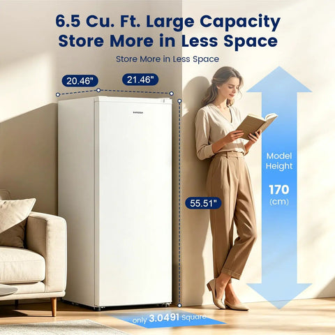 Slick 6.5 Cubic Foot Upright Freezer In Clean White with measurements next to a model in a bright room.