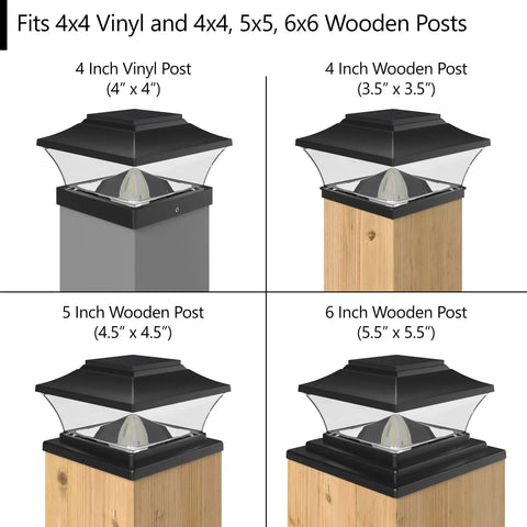 Solar Outdoor Post Cap Lights For 4x4 5x5 And 6x6 Posts, Bright Warm White LEDs, Auto On At Dusk, 6 To 8 Hour Battery Life display
