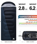 XXL Winter Sleeping Bag For Adults With Draft Collar And Zipper Guard Keeps Body Heat In For Four Season Cold Weather Camping Hiking Travel Backpacking Climbing And Outdoor Adventures Essentials shown with weight and dimensions.