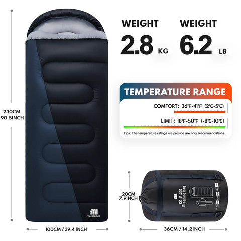 XXL Winter Sleeping Bag For Adults With Draft Collar And Zipper Guard Keeps Body Heat In For Four Season Cold Weather Camping Hiking Travel Backpacking Climbing And Outdoor Adventures Essentials shown with weight and dimensions.