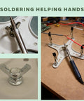Soldering Wire Holder Go To Four Arm Helping Hands Tool with Magnetic Base and 360 Degree Rotatable Arms in use on a workbench.
