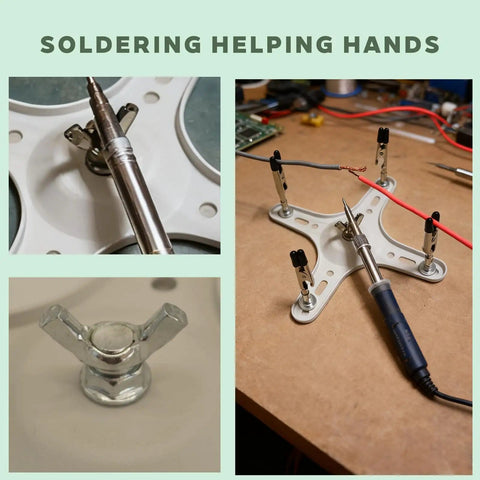 Soldering Wire Holder Go To Four Arm Helping Hands Tool with Magnetic Base and 360 Degree Rotatable Arms in use on a workbench.