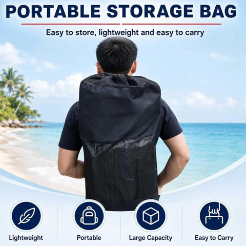 Person carrying portable storage bag on beach for Inflatable Kite Surf Wing Foil Sail With 360 Rotation Base, Foot Straps, And One-Way Air Pump Kit