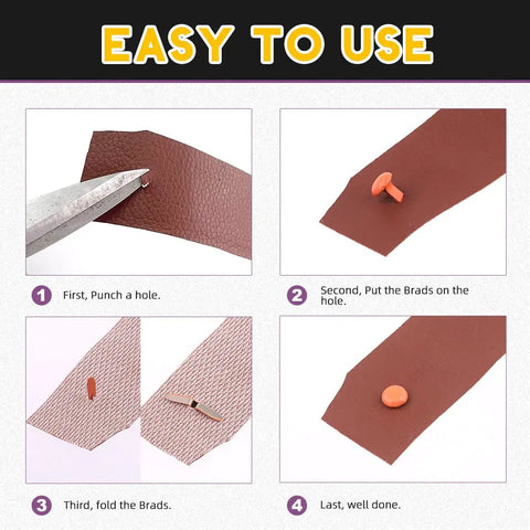 Step-by-step guide for using Straight Fire 1000 Piece Assorted Metal Paper Brads Kit in leather projects.