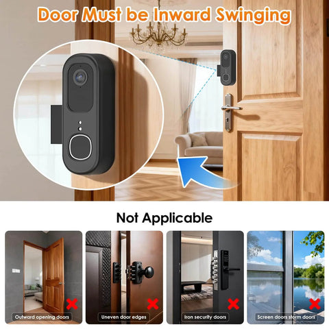 Anti Theft Doorbell Mount For Video Doorbell 2K Gen 2 No Drill Mounting Bracket on inward swinging door showing installation use