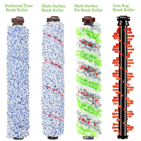 CrossWave Replacement Parts Kit For Multi Surface Vacuums Includes Pet And All Surface Brush Rolls And 2 Pack Filters For Wood Floor Area Rug And Tile Fits 1785 2306 2551 Series Excludes Cordless Max - Image shows four brush rolls for hardwood, multi-surface, pet, and area rug cleaning