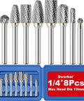 Eight Pack Tungsten Carbide Burr Set With Quarter Inch Shank In Blue Flat Box for Die Grinder And Rotary Tools Includes 6mm 10mm And 12mm Heads For Metal Wood Stone Steel Grinding Deburring Porting And Carving And Double Cut Finish.